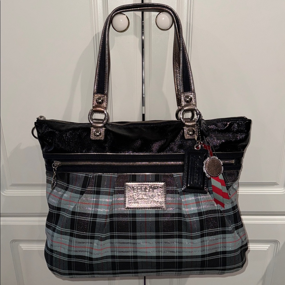 Coach Poppy Tartan Plaid Glam Tote Bag Black Red Blue Silver Shimmer 15886 2010